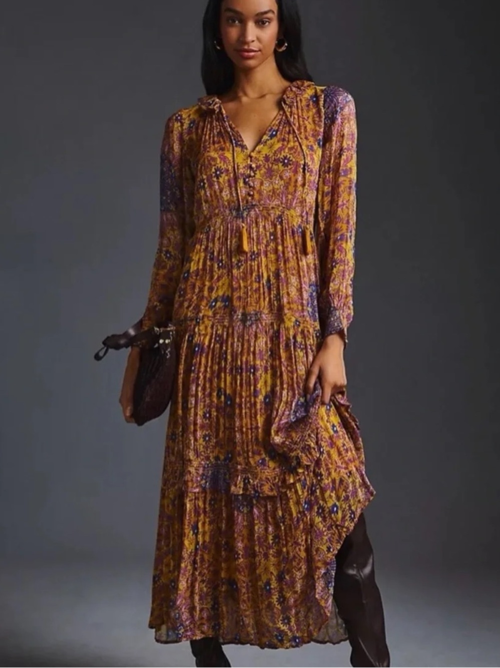 Anthropologie Floral Print Tiered Maxi Dress Purple & Yellow Medium Like New
